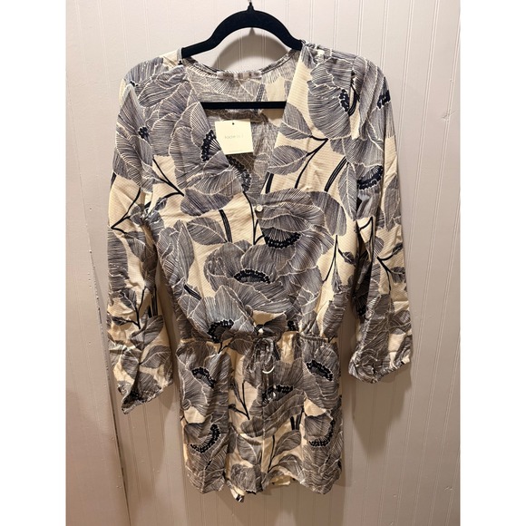 Fraiche By J Pants - Fraiche by J Womens Floral Leaf Print‎ Long Sleeve Romper Cream Black Size M NWT